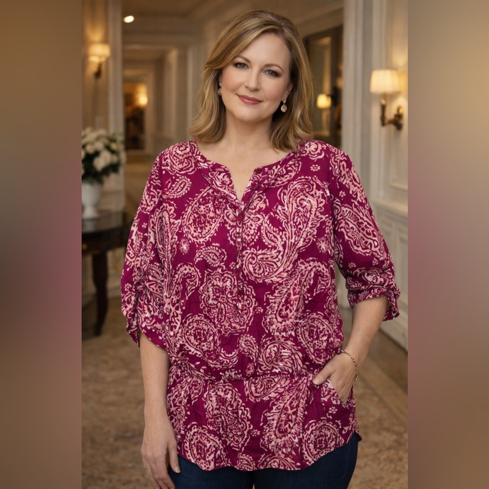 Croft & Barrow Pink Paisley Lightweight Blouse Plus Size 1X Casual Boho Top